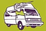 Cartoon kiwi bird driving a campervan