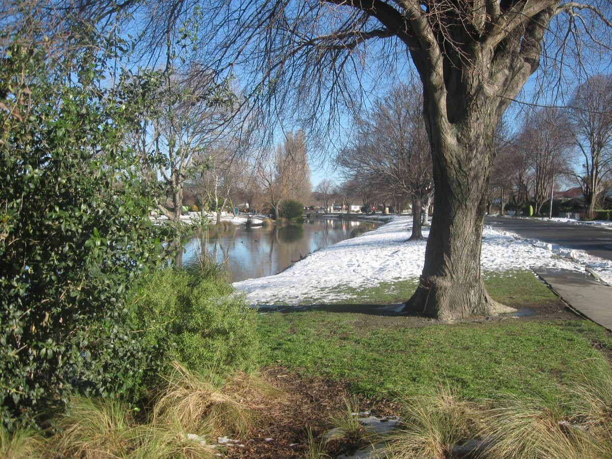 The Avon River in Christchurch with snow on the banks and bare winter trees on a sunny day