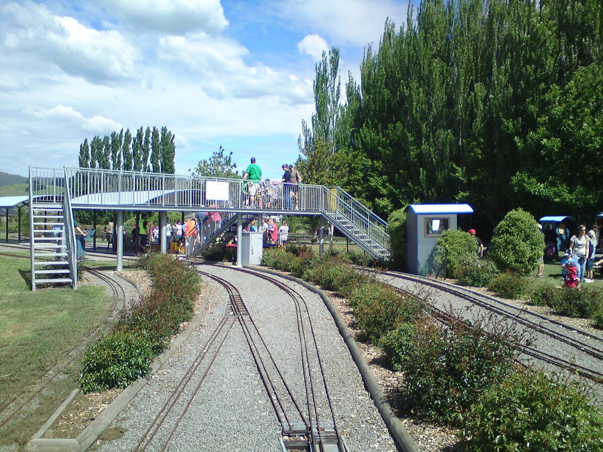 Miniature railway station footbridge and tracks at Canterbury Model Engineering Halswell Domain Christchurch
