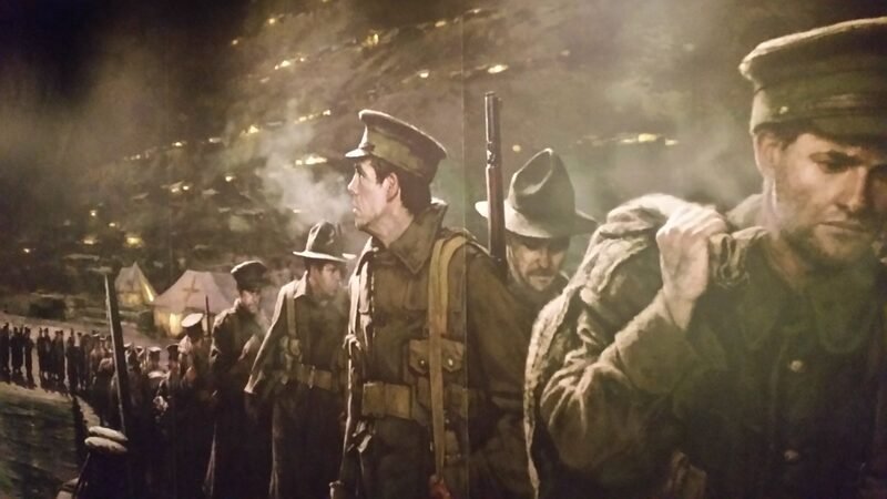 Gallipoli exhibition troops marching mural at Te Papa Wellington