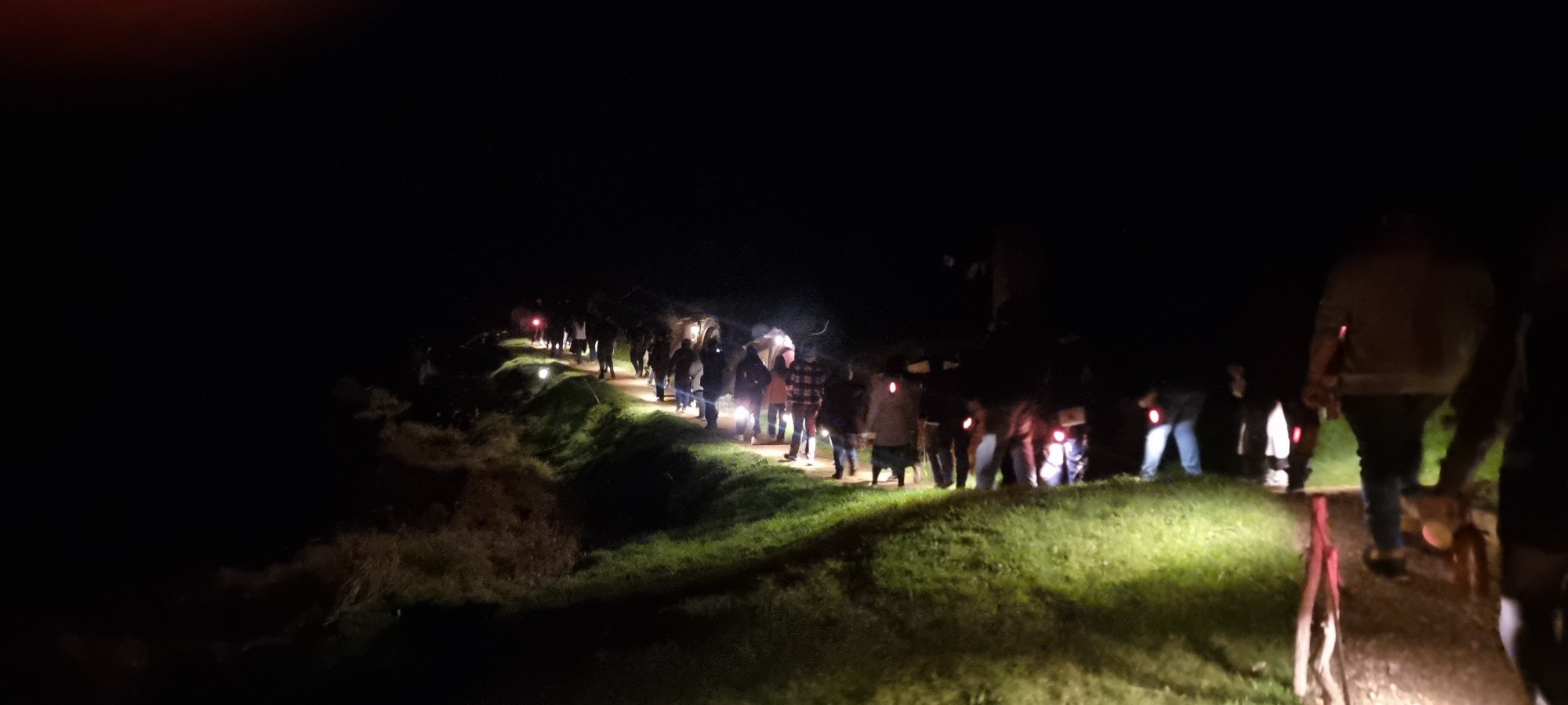 Tour group walking through Hobbiton Movie Set at night by lantern light