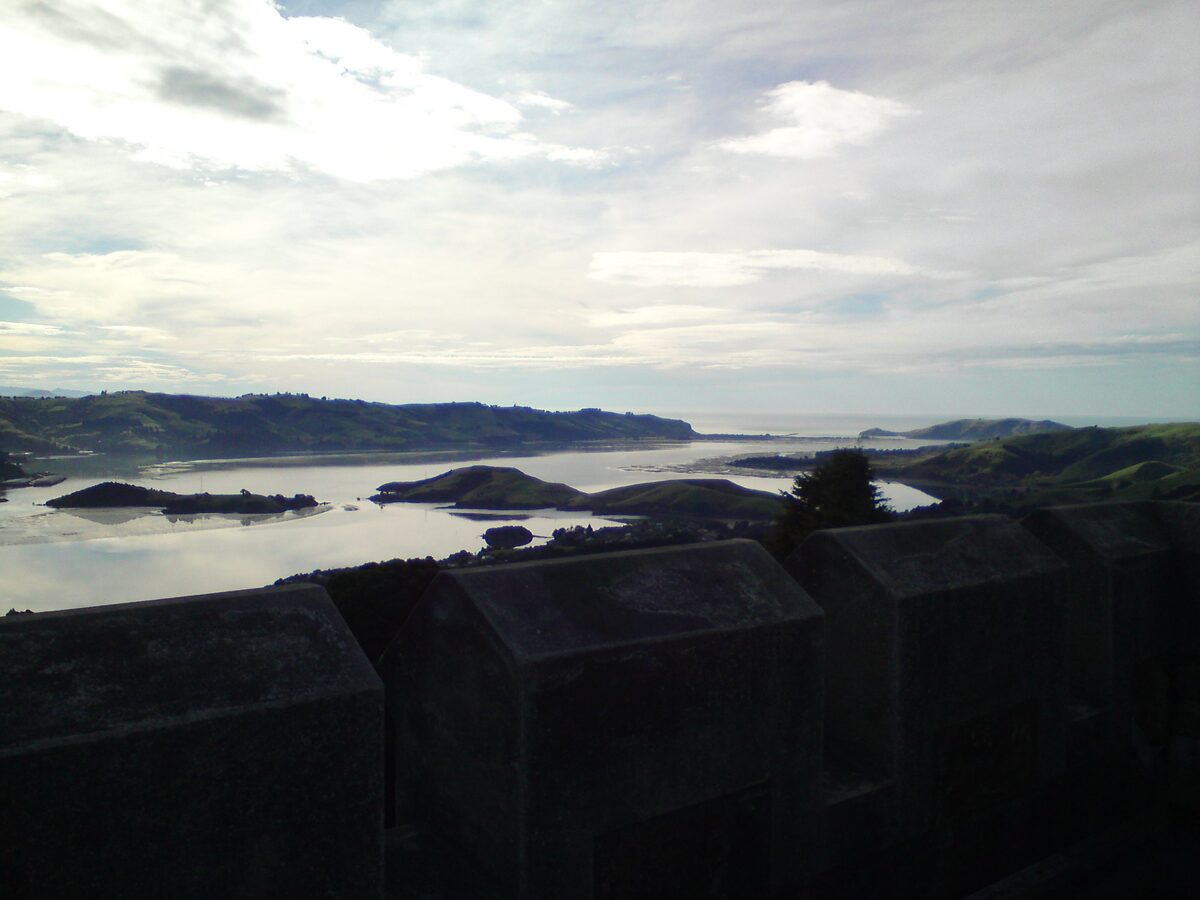 View of Otago Harbour from Larnach Castle gardens Otago Peninsula Dunedin