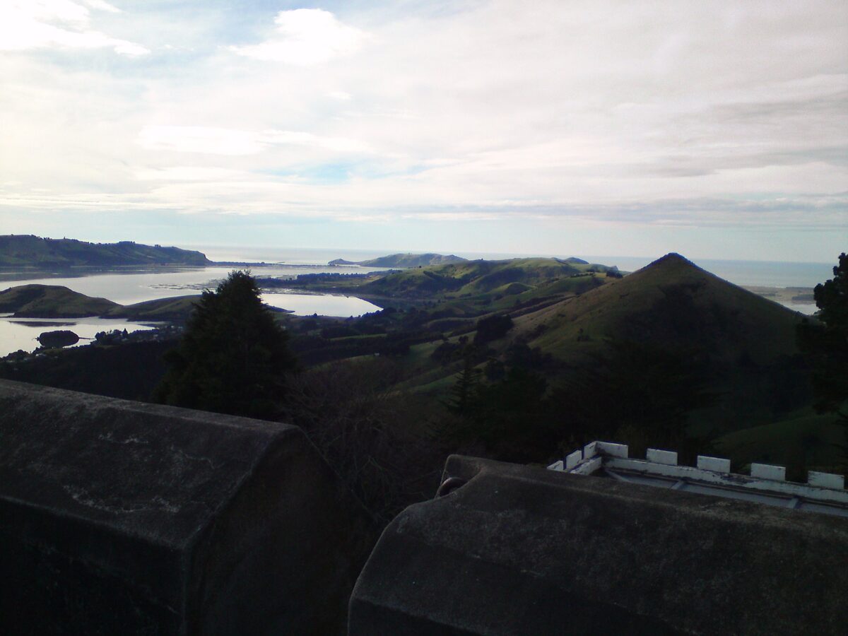 View from Larnach Castle across the Otago Peninsula harbour and hills Dunedin