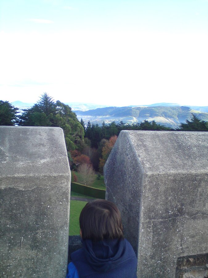 View from the tower of Larnach Castle looking over the gardens and Otago Peninsula hills
