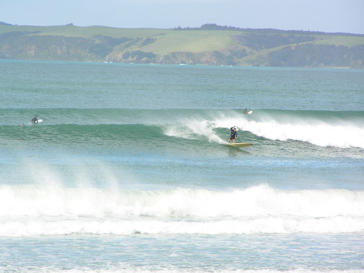 Surfer riding a wave at Mangawhai Heads Northland New Zealand