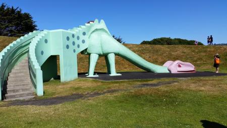 Dinosaur sculpture at Marlow Park playground St Kilda Dunedin