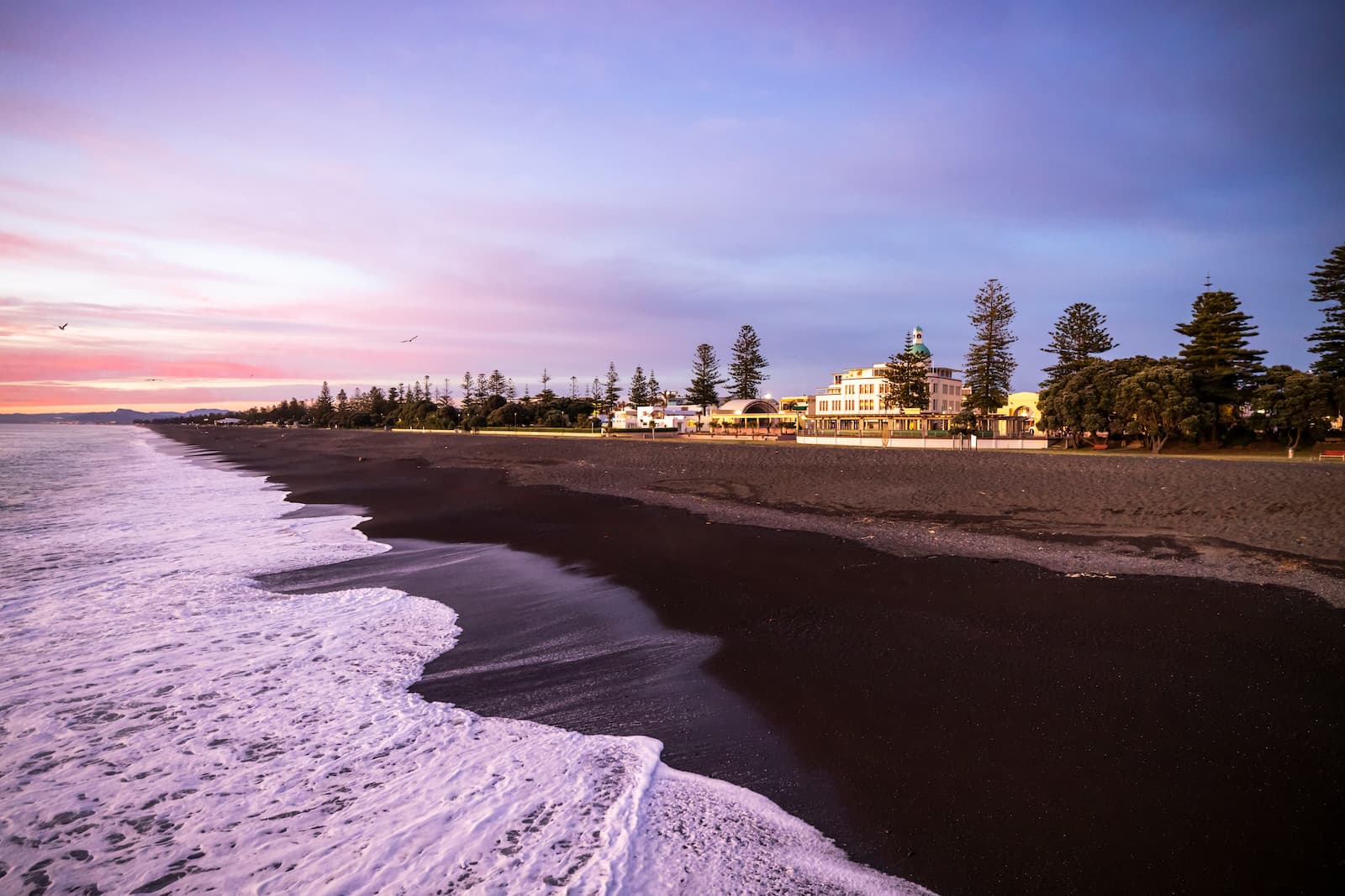 Napier Marine Parade at sunset — Art Deco buildings, Norfolk pines and black sand beach