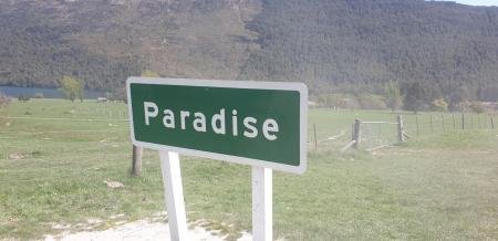 Road winding through lush green valley near Paradise on the way to Milford Sound New Zealand