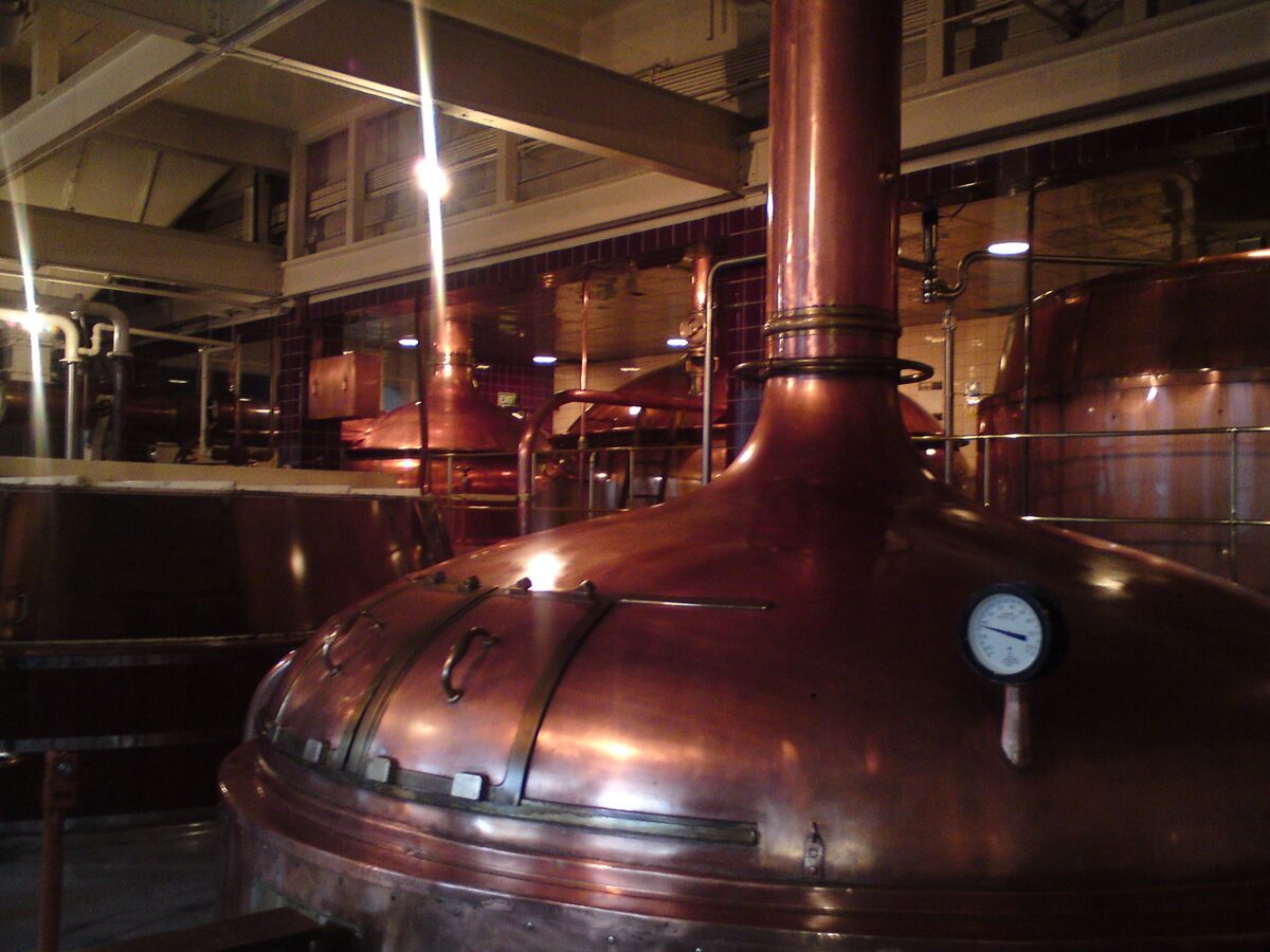 Copper brewing kettles inside Speight's Brewery Dunedin