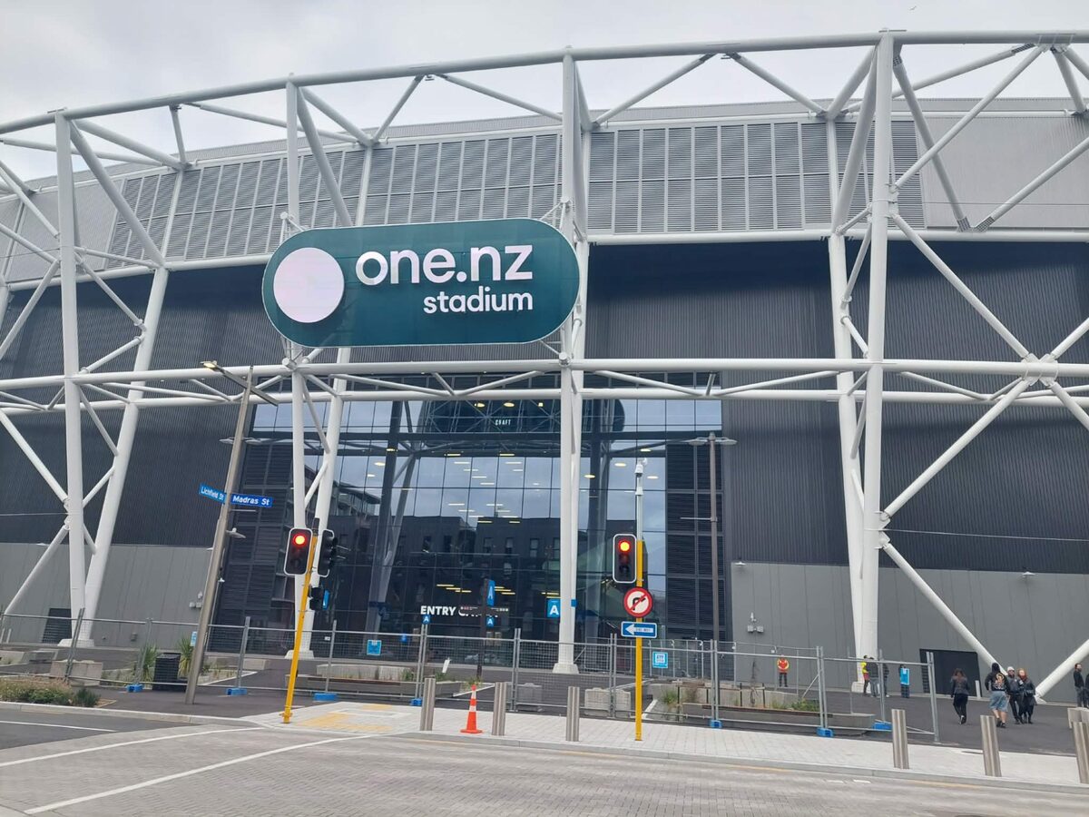 One NZ Stadium entrance sign on Madras Street Christchurch