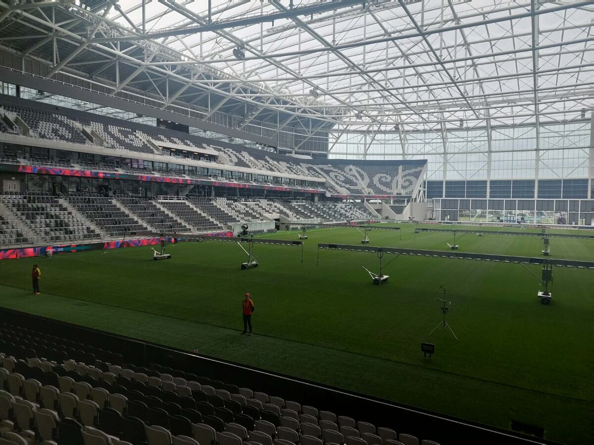 Pitch with grow lights and ETFE roof at One NZ Stadium Te Kaha