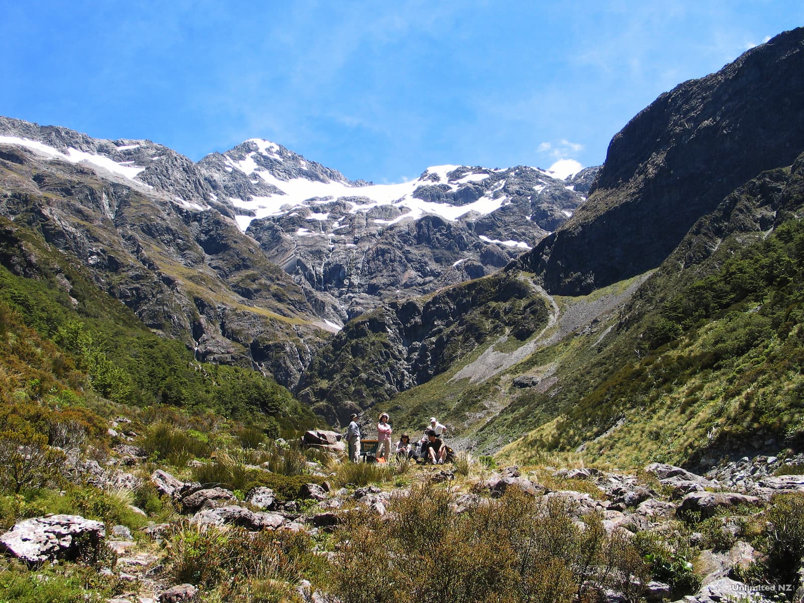 Hikers in the Bealey Valley Arthurs Pass with glaciers and alpine scenery Canterbury