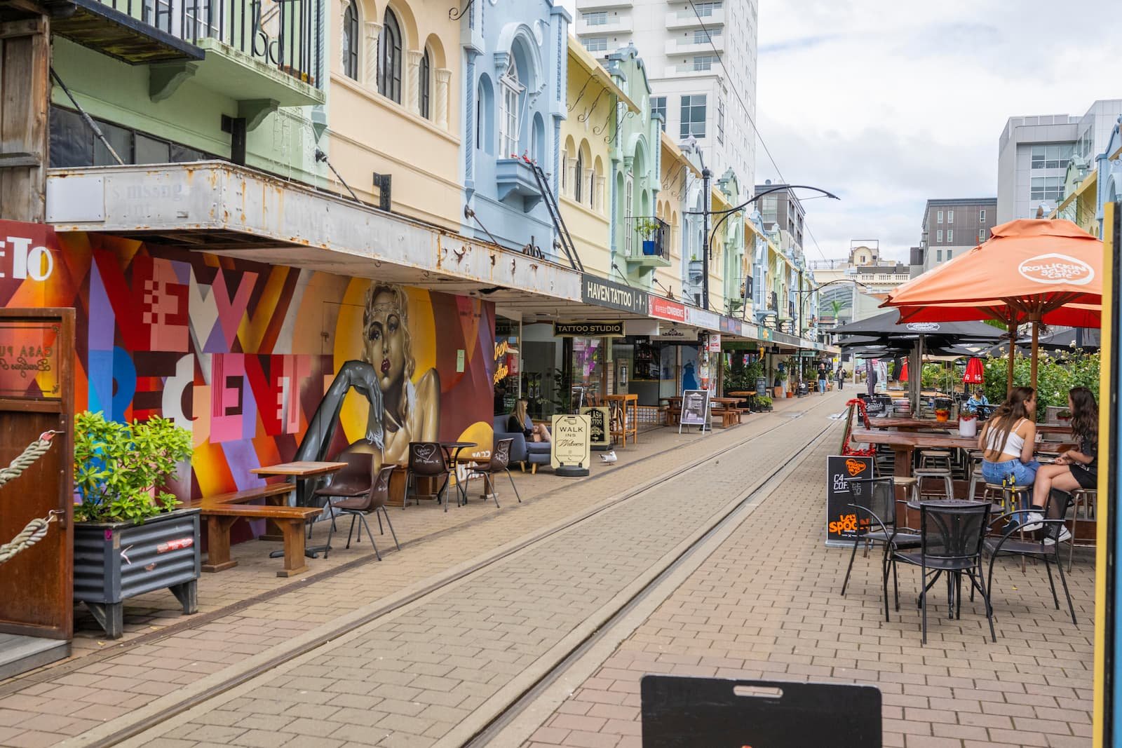 Christchurch city street with new buildings and street art after the rebuild