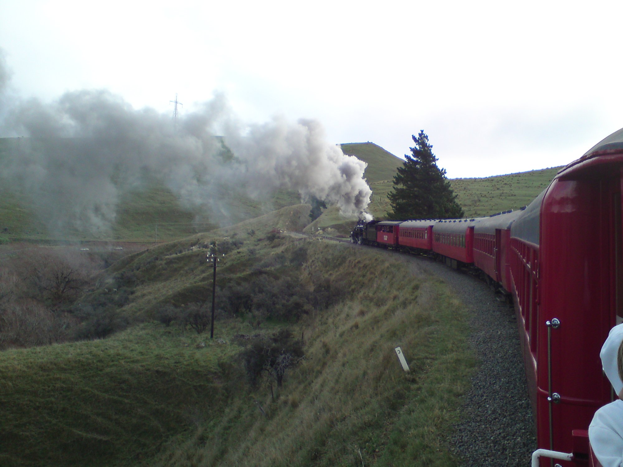 Weka Pass Railway steam train winding through green North Canterbury hills with steam billowing from heritage red carriages
