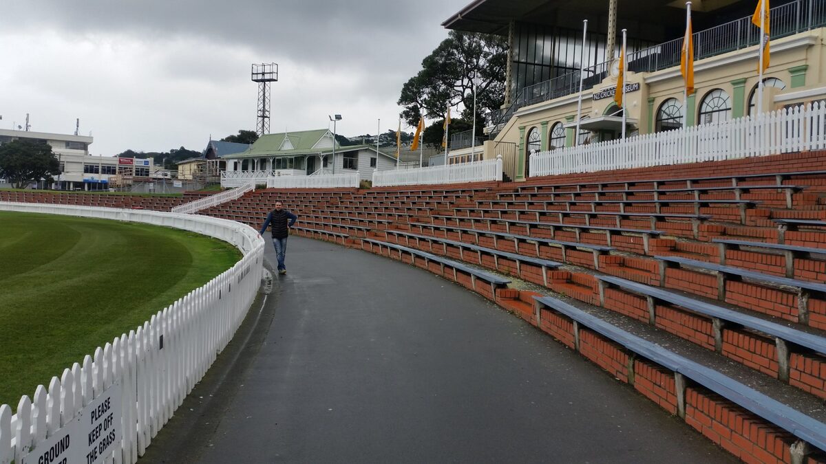 The Basin Reserve cricket ground Wellington with brick terraces and NZ Cricket Museum
